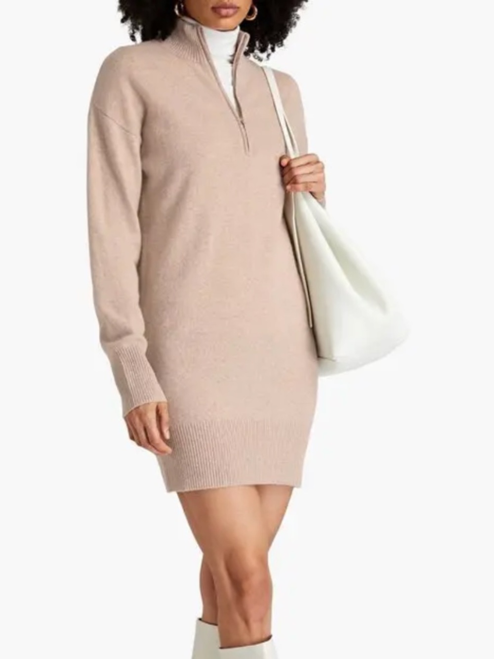Naadam Cashmere Mini Dress Quarter Zip Mock Neck Oatmeal Size S
